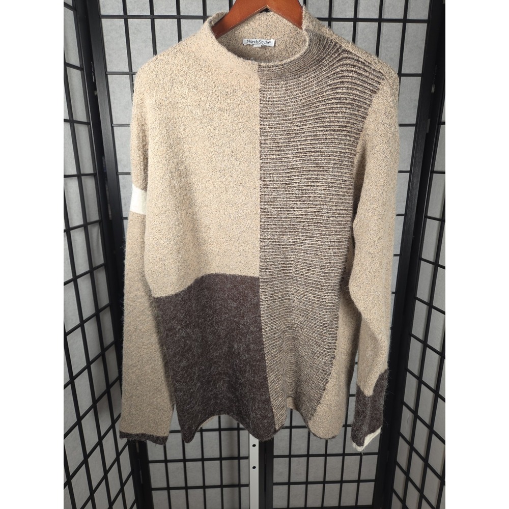 NORTHSTYLE Sweater Womens XL Brown Blocked Mockneck Pullover Soft Comfy